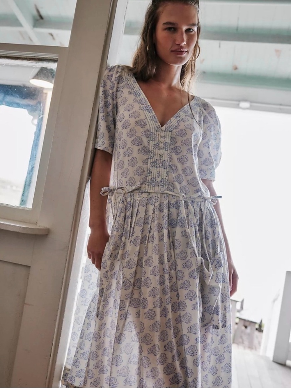 Free People NWT There She Goes Midi Dress V-Neck Drop Waist Ivory Blue Small